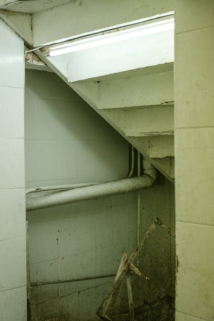 Image depicting the entrance to a basement flat in NW6, featuring a narrow staircase with black metal railings leading downwards. The surrounding walls are constructed of concrete with visible wear an